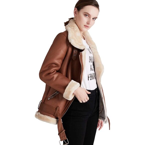Women Brown Faux Shearling Moto Jacket Thick Lined Winter Leather Coat - Picture 3 of 6